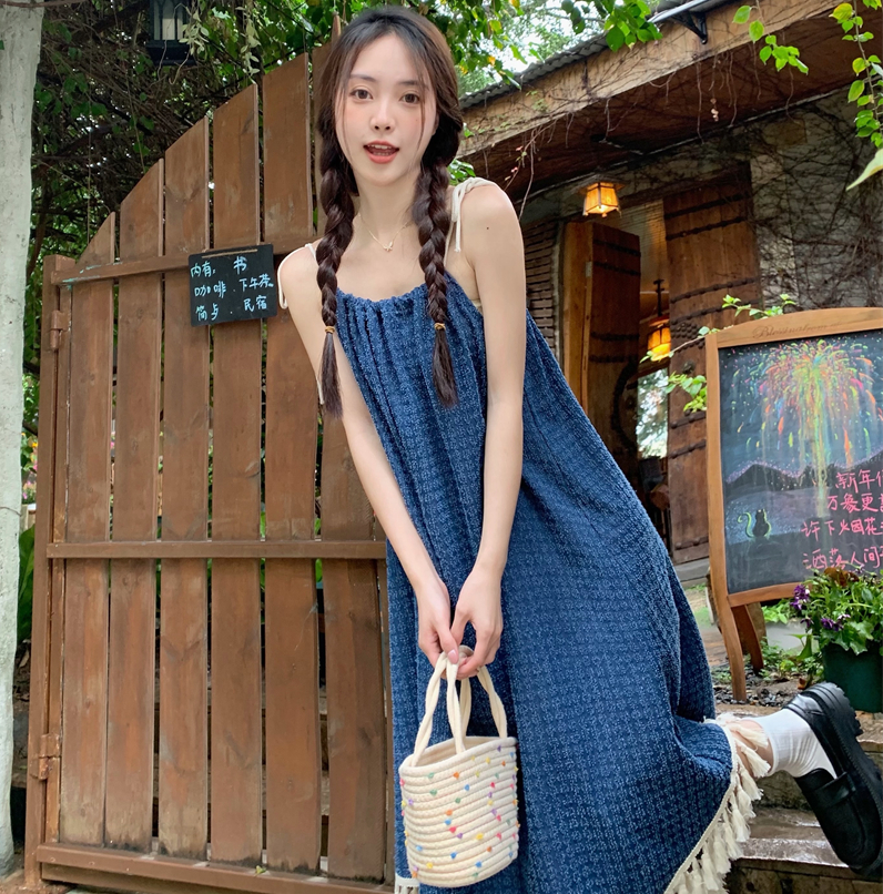 實拍夏裝新款大碼女裝chic簡約下擺流蘇吊帶牛仔連衣裙S-5XL200斤