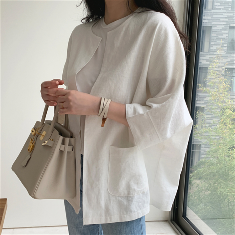 2024春裝新款韓版大碼女裝寬鬆冰絲棉麻料上衣復古簡約棉麻T恤女