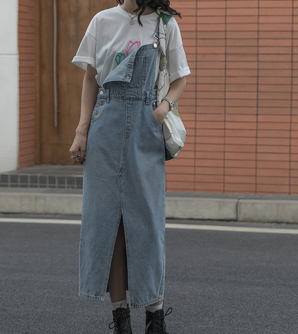 夏裝新款大碼女裝前開叉牛仔背帶裙小清新減齡中長款裙S-5XL200斤