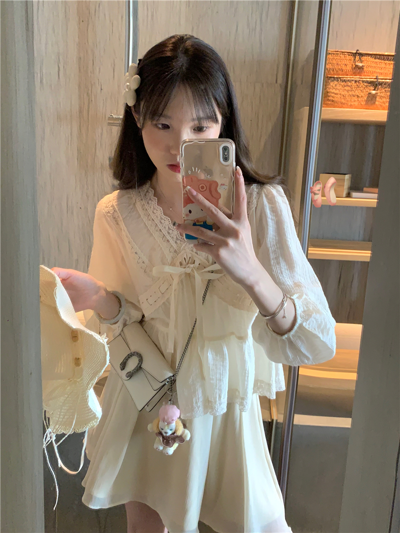 實拍  韓系蕾絲天絲襯衫女新款長袖顯瘦V領綁帶上衣