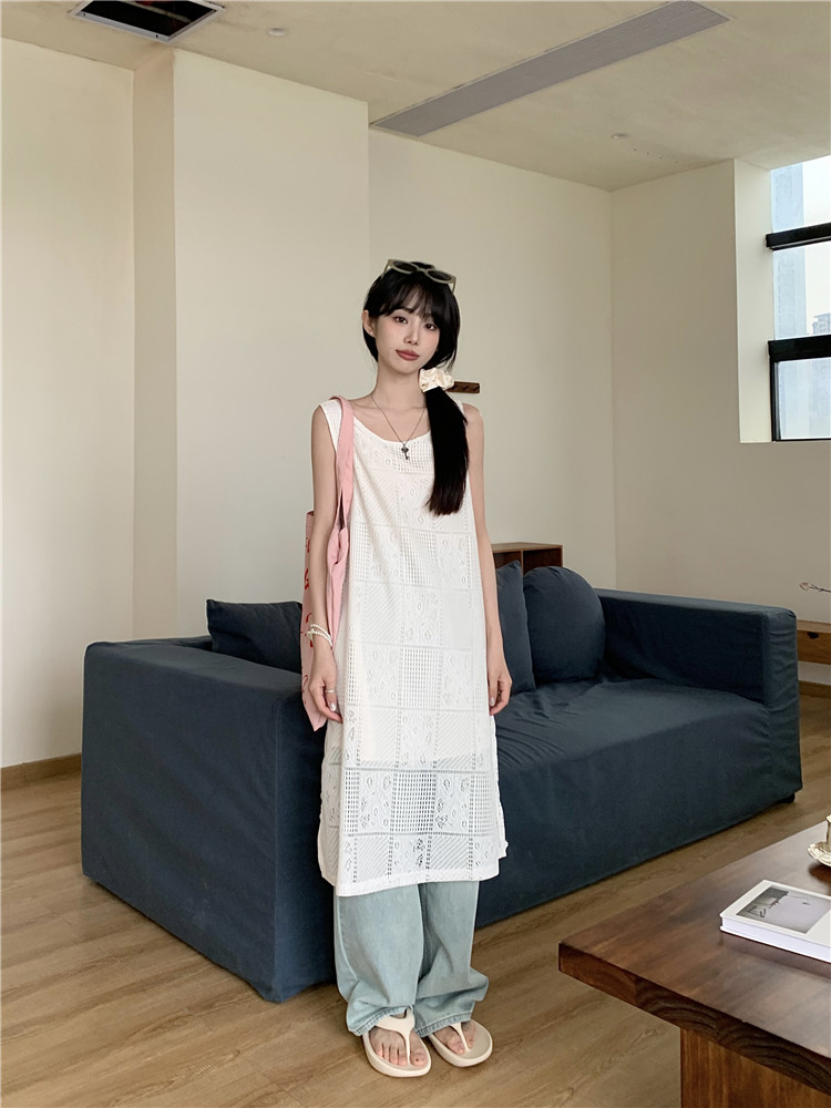 實拍  韓系設計感外搭疊穿背心裙女2024新款寬鬆顯瘦連衣裙