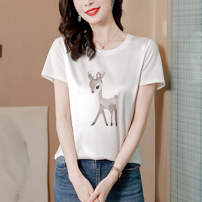 實拍小鹿印花白色t恤女2024年夏季新款時尚圓領短袖桑蠶絲上衣