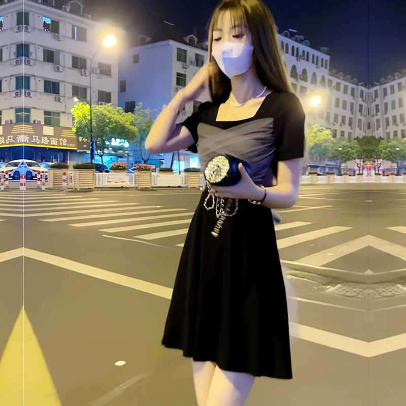 純色法式復古設計感小眾網紗拼接小個子連衣裙女夏季新款洋氣