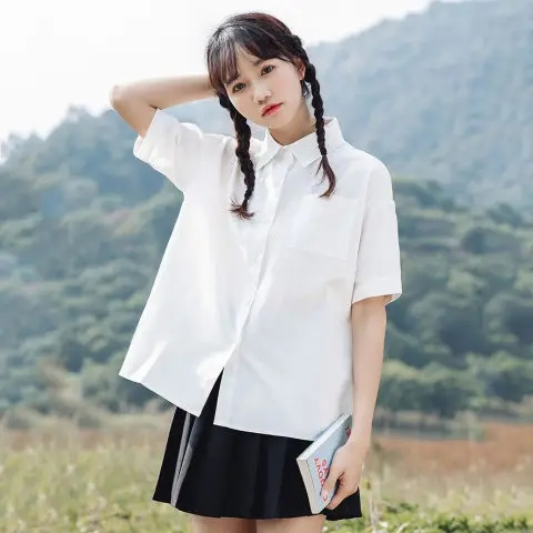 2024春秋JK制服襯衣季學院風白色短袖有口袋學生襯衫上衣女