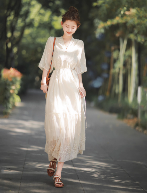 大喜自製小仙女裙｜溫柔風白色初戀裙女夏鏤空短袖連衣裙