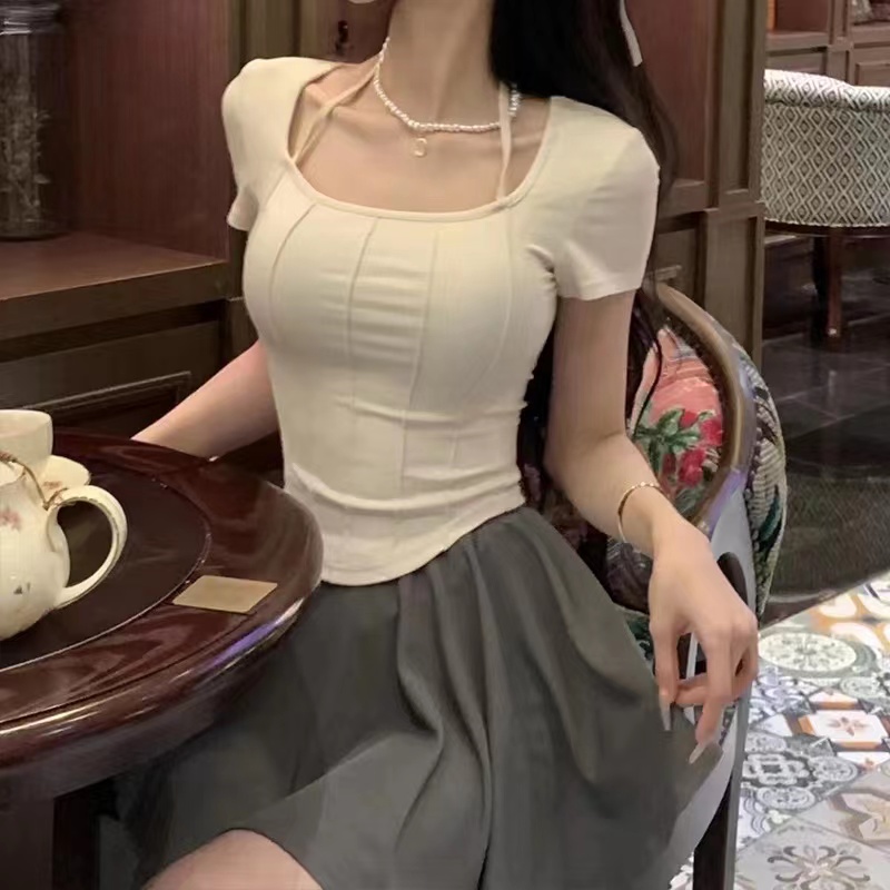 Pure cotton summer new hot girl pure desire top women's design waist short raglan short-sleeved American bottoming shirt