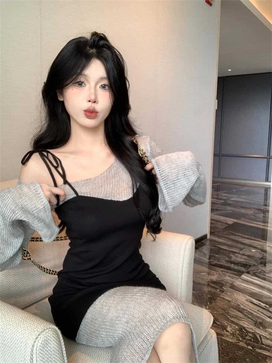 實拼色曲線純欲性感拼色不規則修身顯瘦針織 連衣裙女