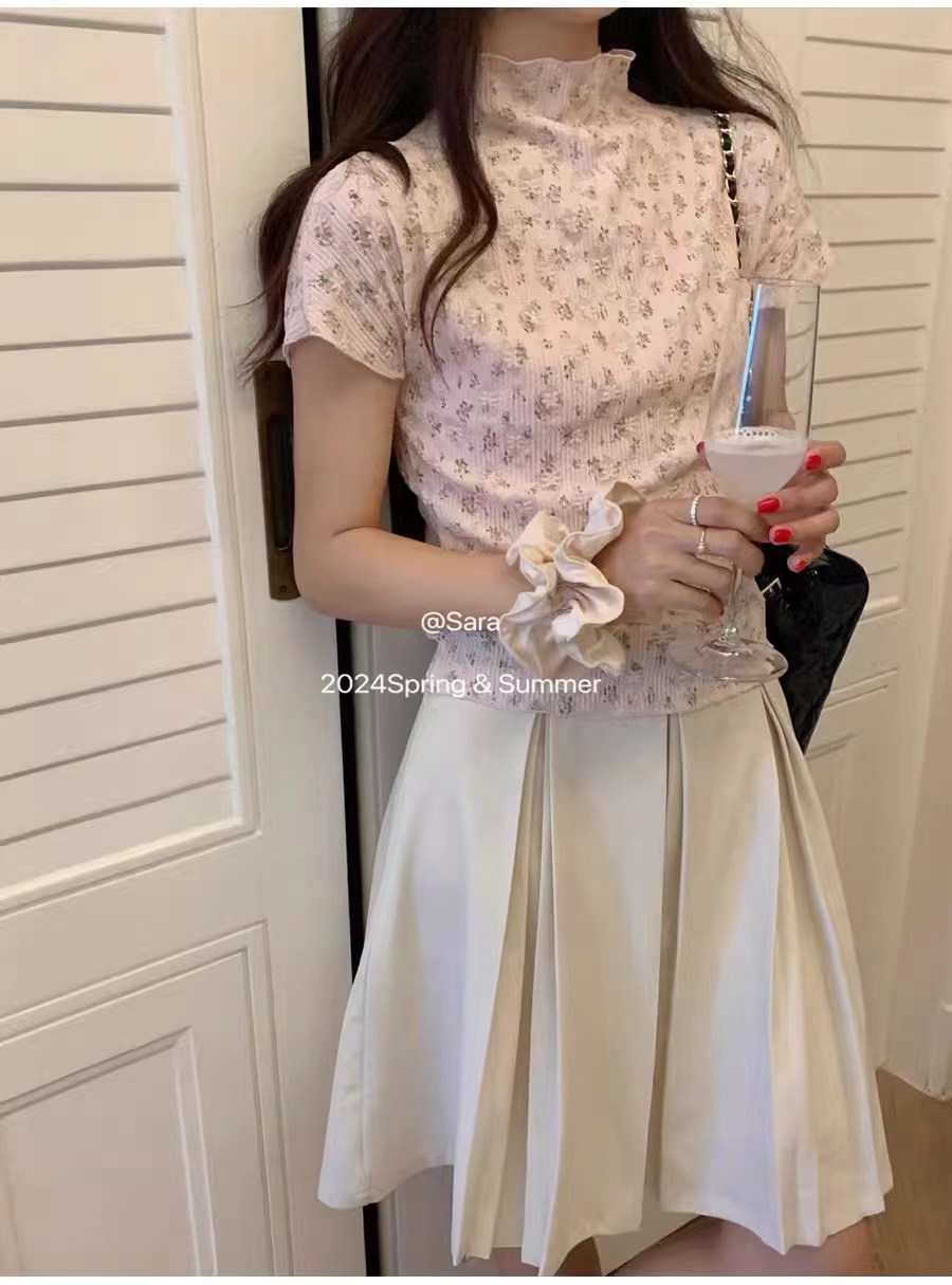 韓系2024春季氣質甜美修身百搭顯瘦微透設計高領碎花短袖小衫