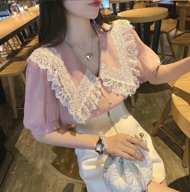 夏裝新款蕾絲重工娃娃領甜美氣質大碼襯衫夏設計感上衣M-4XL200斤