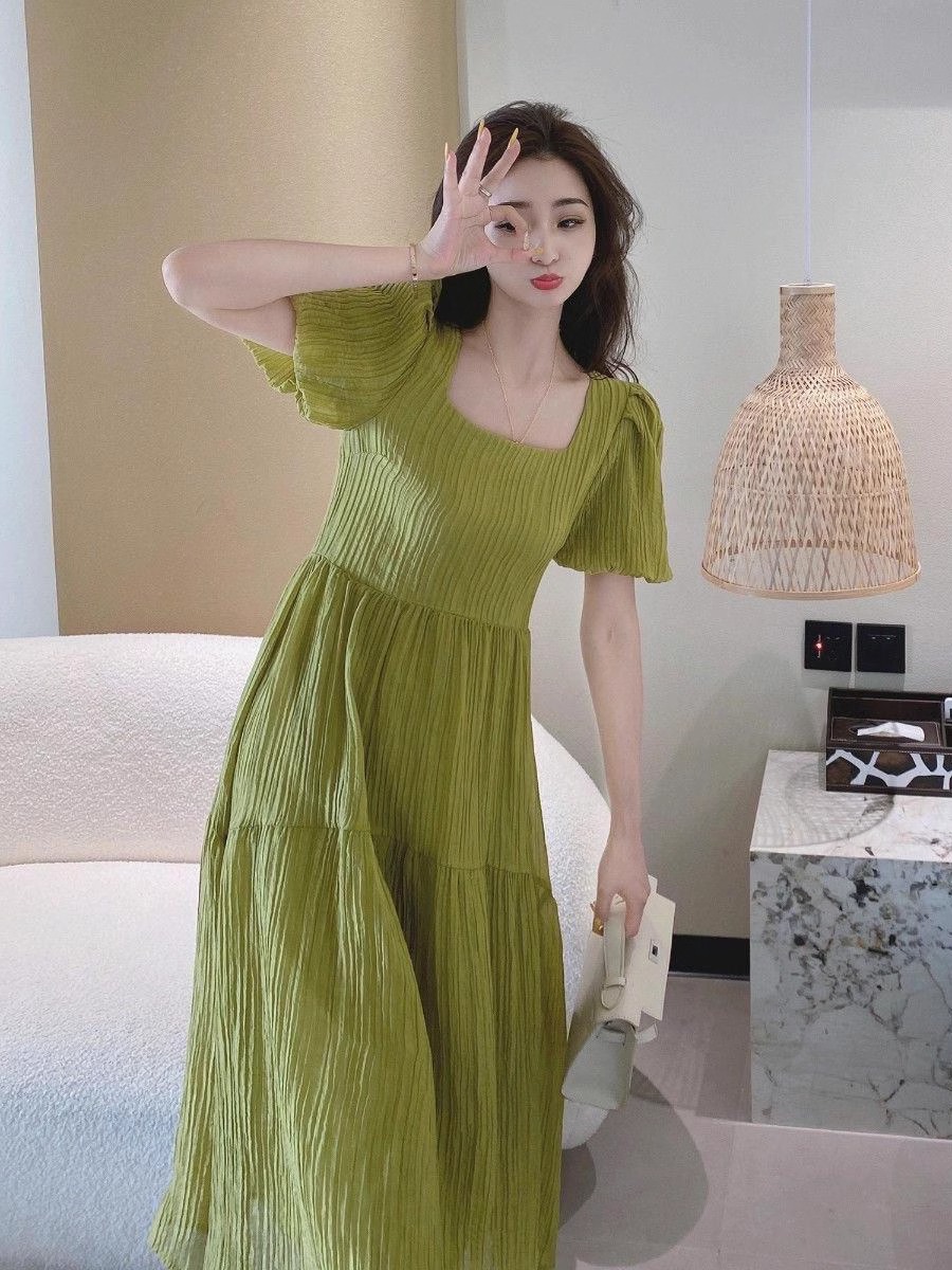 大碼女裝新款夏季梨型身材溫柔系微胖MM女生顯瘦桔梗法式連衣裙子