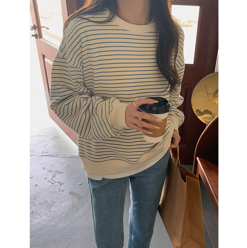 Fish scale thin sweatshirt for women early autumn Korean style loose striped top round neck pullover long sleeves