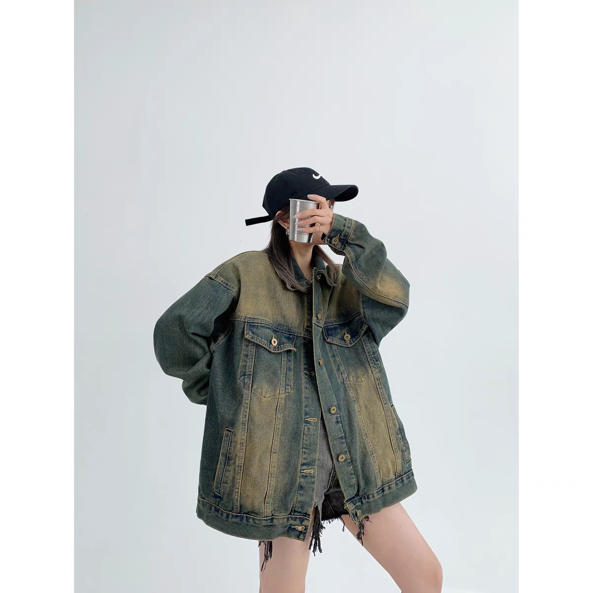 廢柴春秋chic美式重工做舊情侶夾克寬鬆設計感年代感牛仔外套女潮