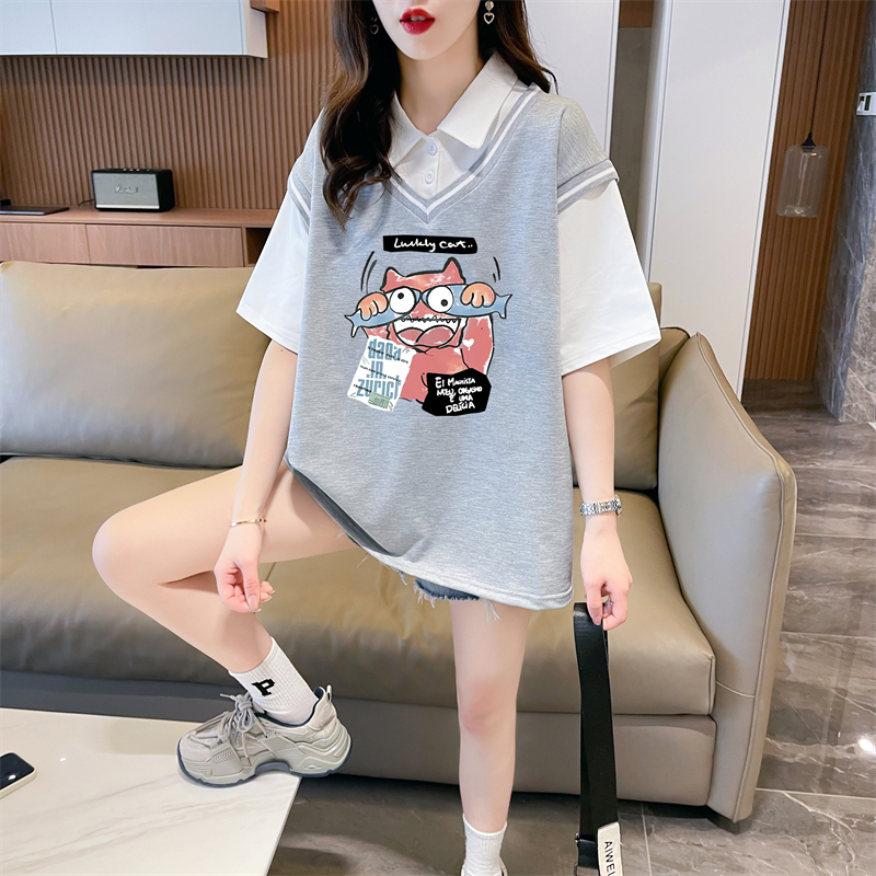 Real shot 2024 summer Korean style loose fake two-piece cartoon print M-3XL large size short-sleeved T-shirt for women
