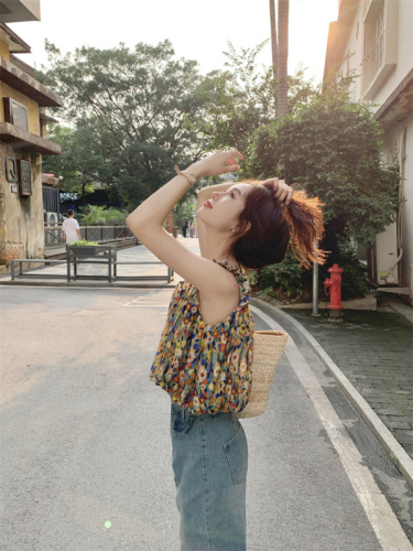 Floral pleated vest for women in summer Korean style new fashion slim design fungus side wear suspender top trendy