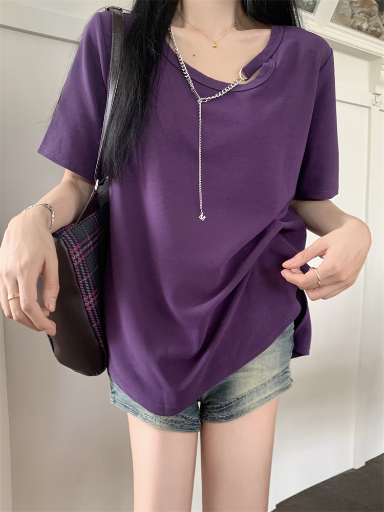 ~大碼女裝遮肉顯瘦設計感漏鎖骨短袖t恤女夏純色圓領上衣