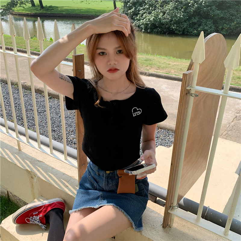 Real shot of super slim love printed curved black pit short-sleeved T-shirt