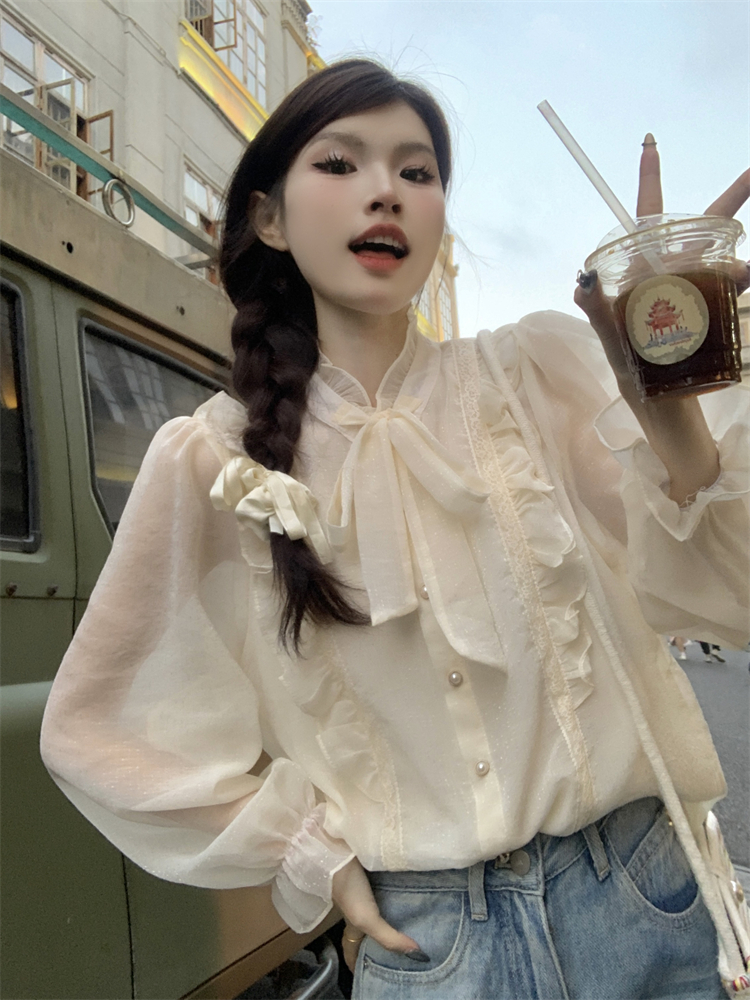 實拍 春季新款喇叭袖雪紡上衣氣質荷葉邊蝴蝶結系帶襯衫女