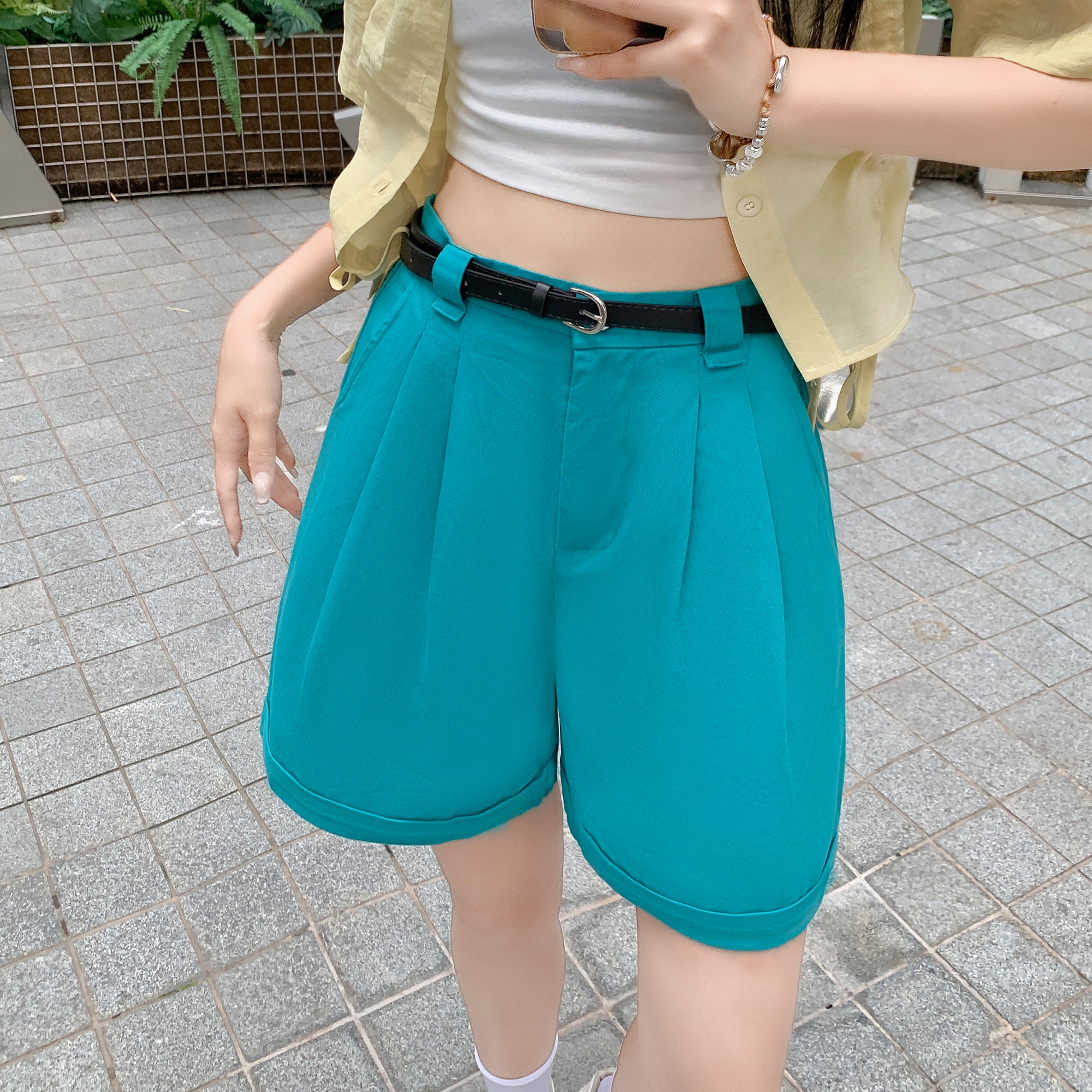 大碼簡約短褲女夏季高腰顯瘦百搭A字闊腿卷邊休閒褲