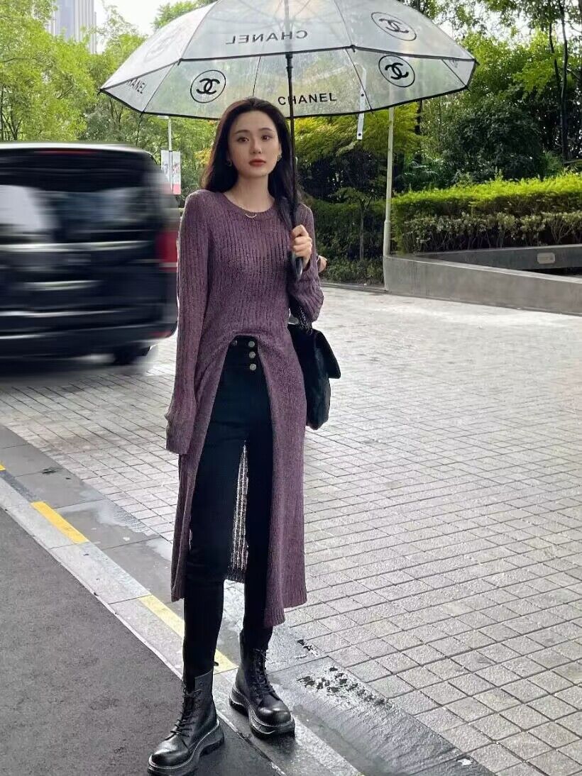 氣質慵懶風開叉鏤空針織衫女秋設計感小眾寬鬆顯瘦毛衣上衣中長款