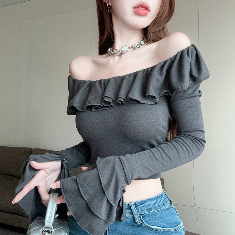 實拍！雙層荷葉一字領修身打底長袖純欲短款T恤上衣女2430
