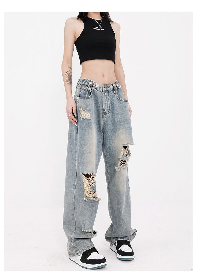 Retro ripped washed jeans for women spring and summer large size loose straight casual floor mopping wide leg pants