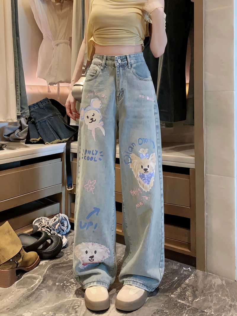 實拍#印花直筒高腰牛仔長褲女設計感水洗寬鬆闊腳拖地褲子
