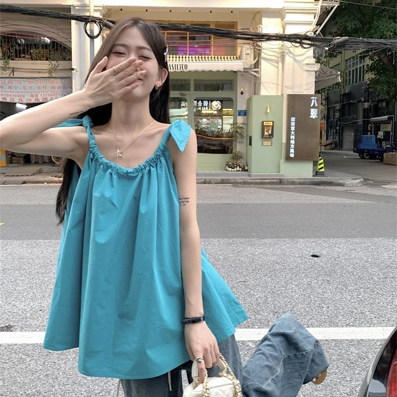 夏日多巴胺新款洋氣無袖抽繩系帶蝴蝶結中長款甜美純色吊帶上衣