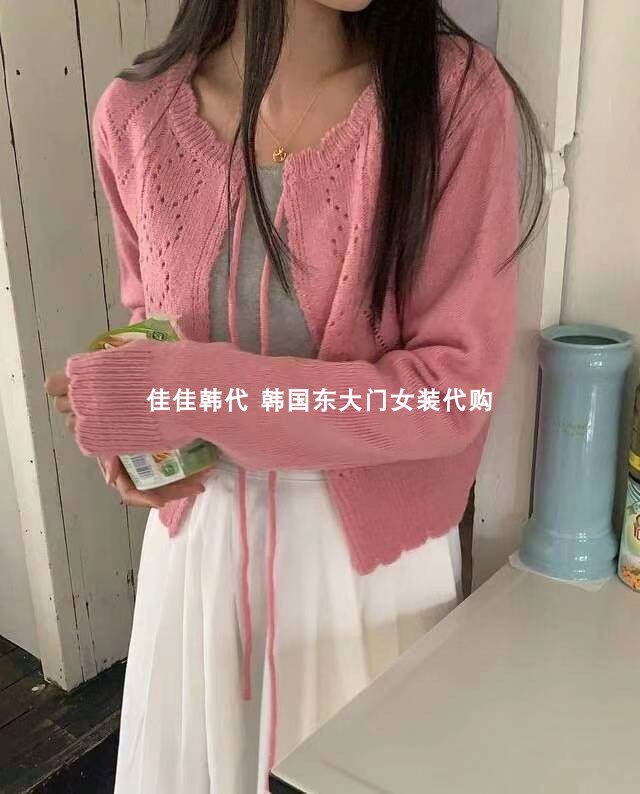 韓國東大門新款淑女清新長袖花邊鏤空鈎花蝴蝶結系帶針織衫開衫