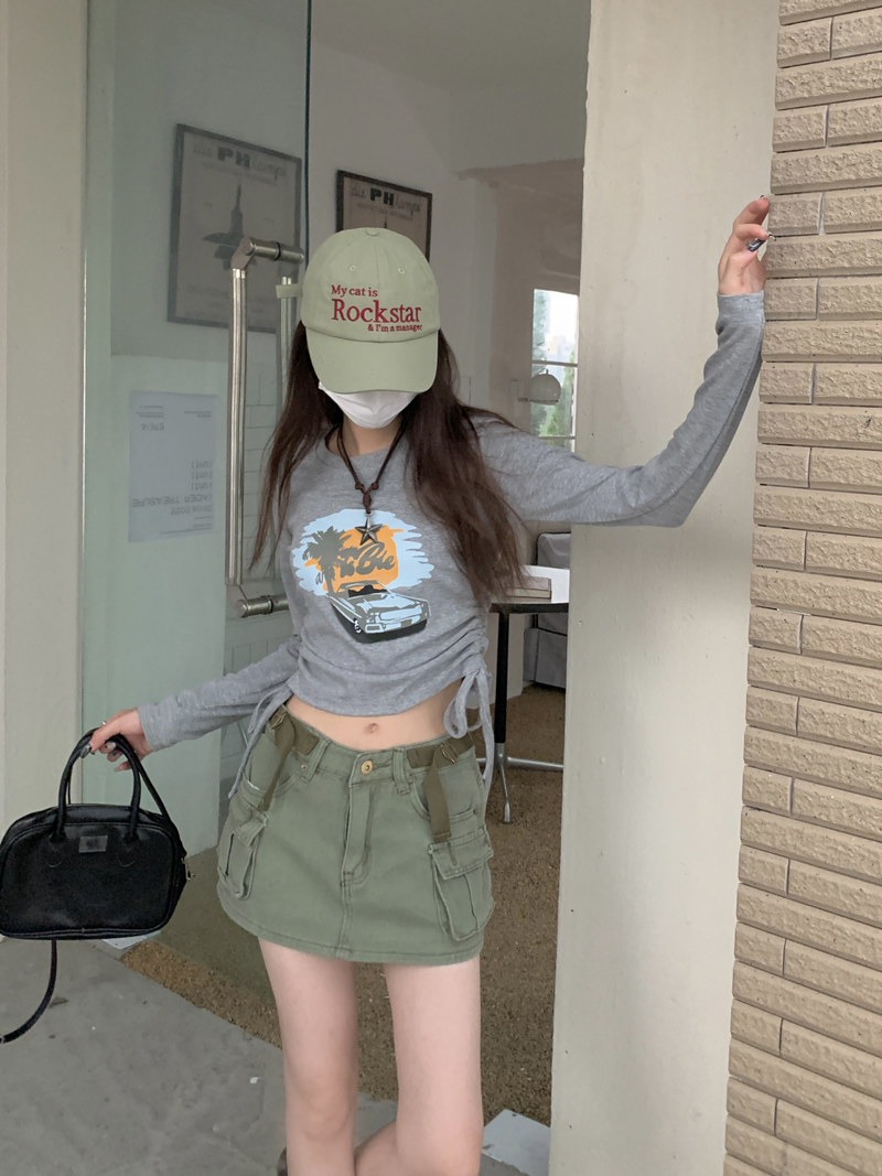 實拍 美式字母印花短款抽繩綁帶修身時髦長袖T恤打底衫女