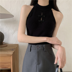 Real-shot summer new arrival: knot-button halter-neck knitted vest, sleeveless off-shoulder top