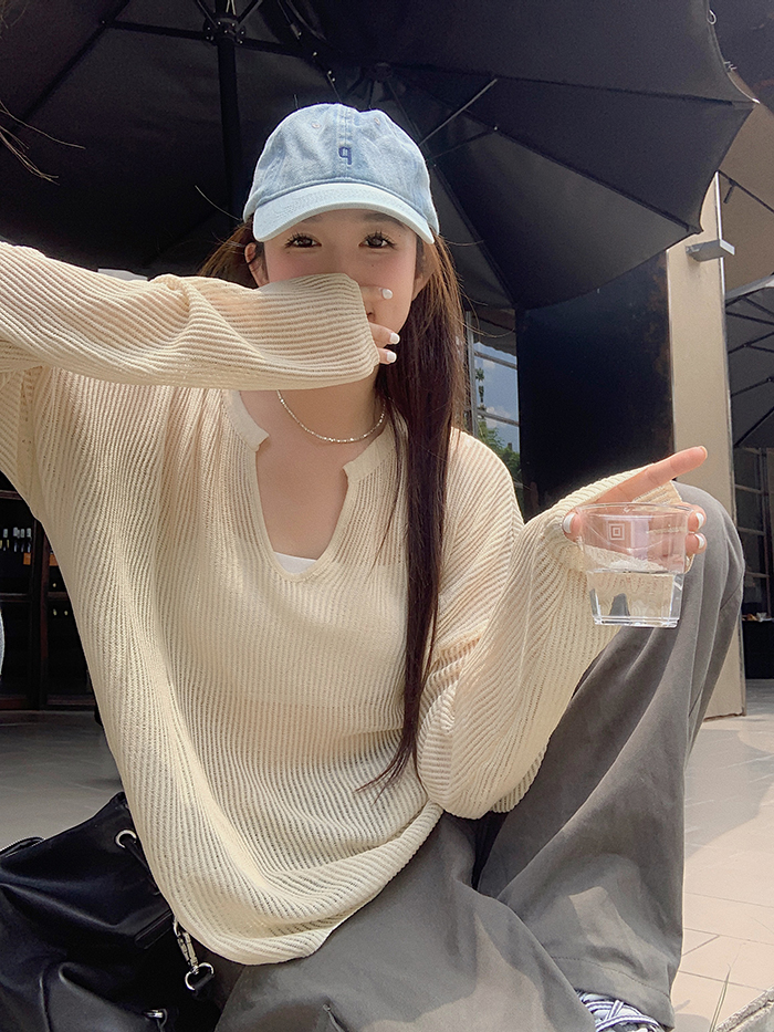 實拍~ 春季新款韓版寬鬆慵懶鏤空薄款防曬針織套頭上衣女