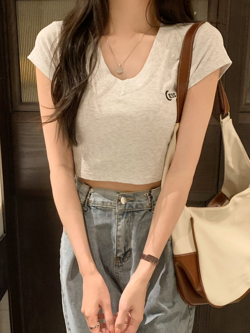 Real shot 40 count pure cotton 2024 summer embroidered letter high waist short sleeve T-shirt for women ins