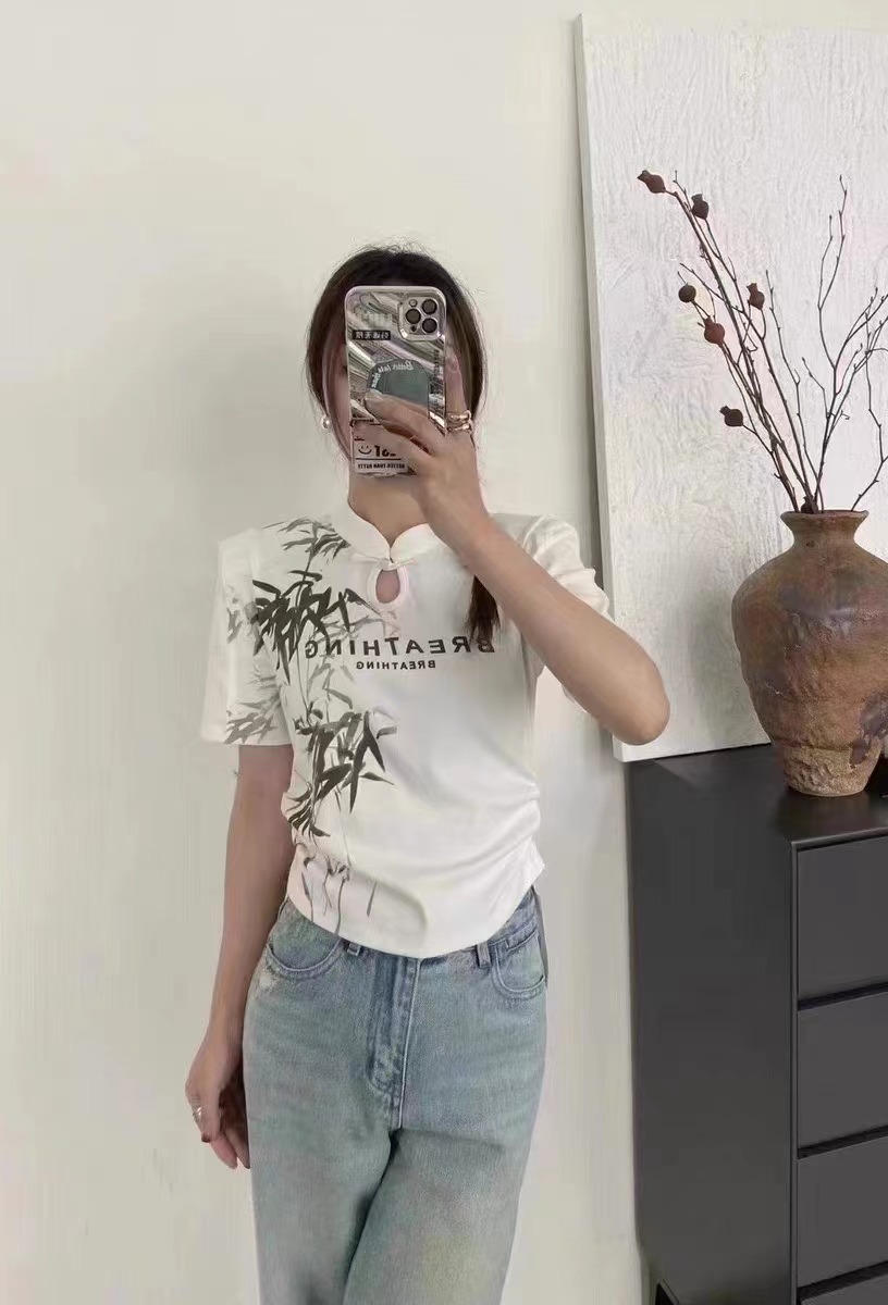 設計感新中式T恤短袖女國風夏季套頭竹葉印花修身洋氣百搭上衣薄