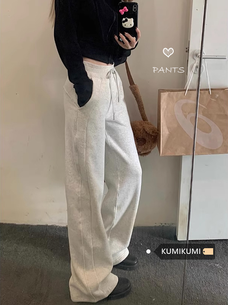 華棉複合牛奶絲抽繩鬆緊腰休閒褲女寬鬆闊腿褲拖地褲長褲子