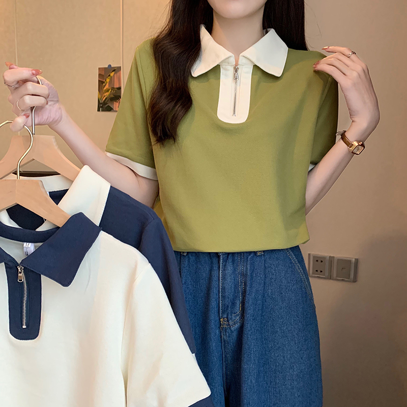 實拍 2024夏裝韓版寬鬆POLO領珠地布撞色大碼短袖T恤女