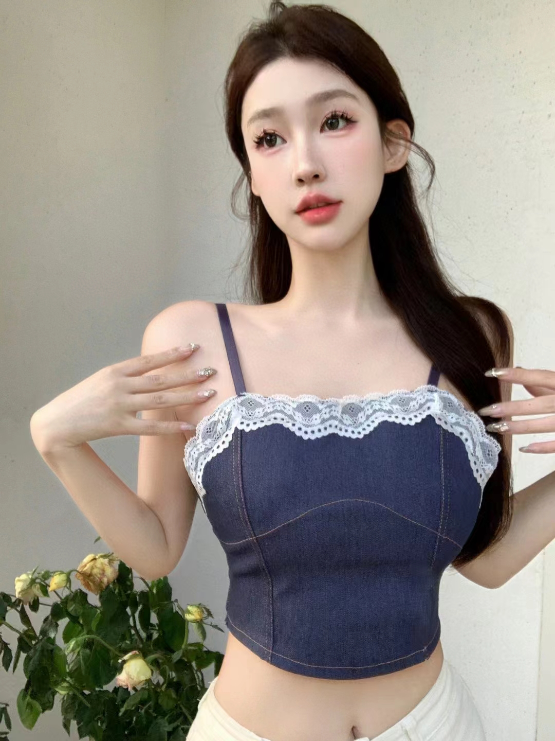 港風復古牛仔吊帶背心純欲甜辣蕾絲花邊短款無袖上衣外穿夏帶胸墊