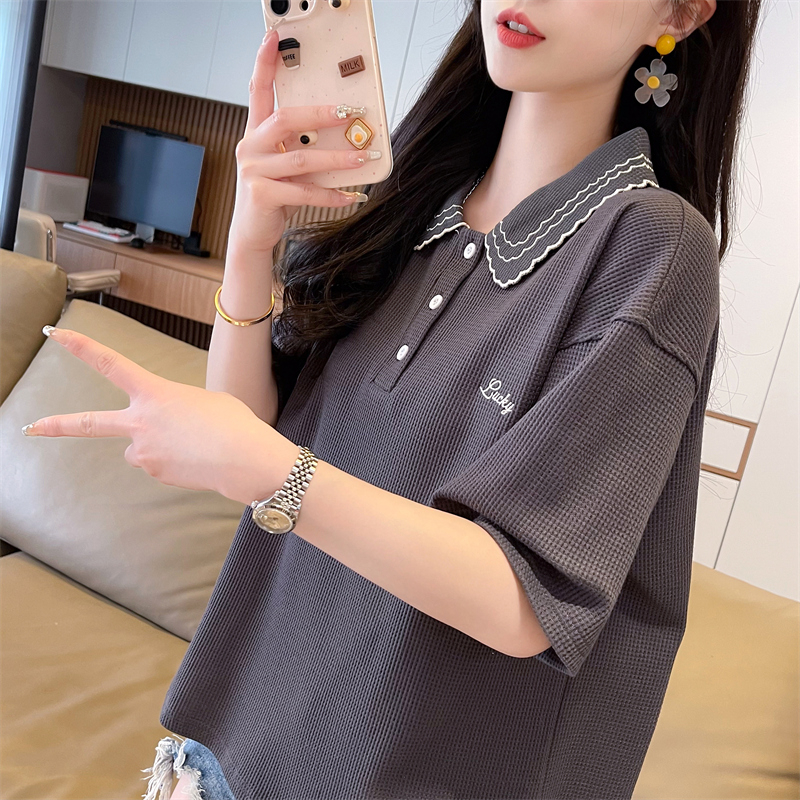 實拍 2024夏季新款韓版寬鬆220克華夫格POLO領刺繡短袖T恤女
