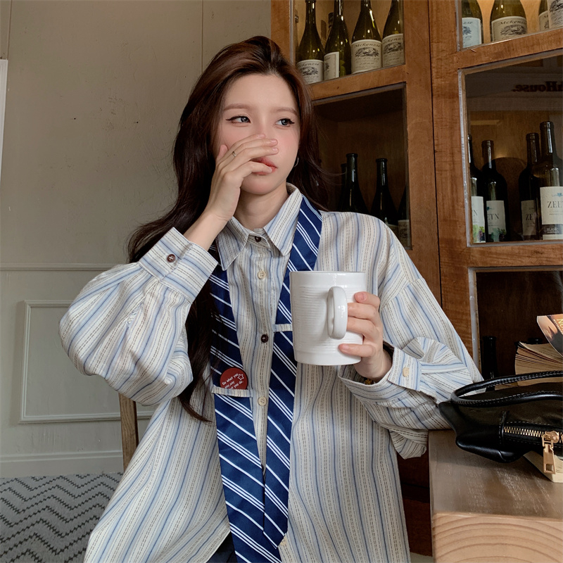 美式復古設計感領帶條紋襯衫女2024春季