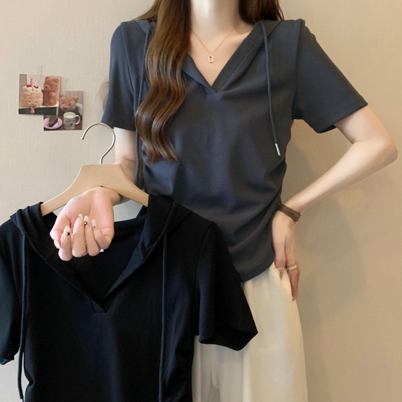 Real shot 40 count pure cotton 2024 summer hooded drawstring short-sleeved T-shirt women's solid color top