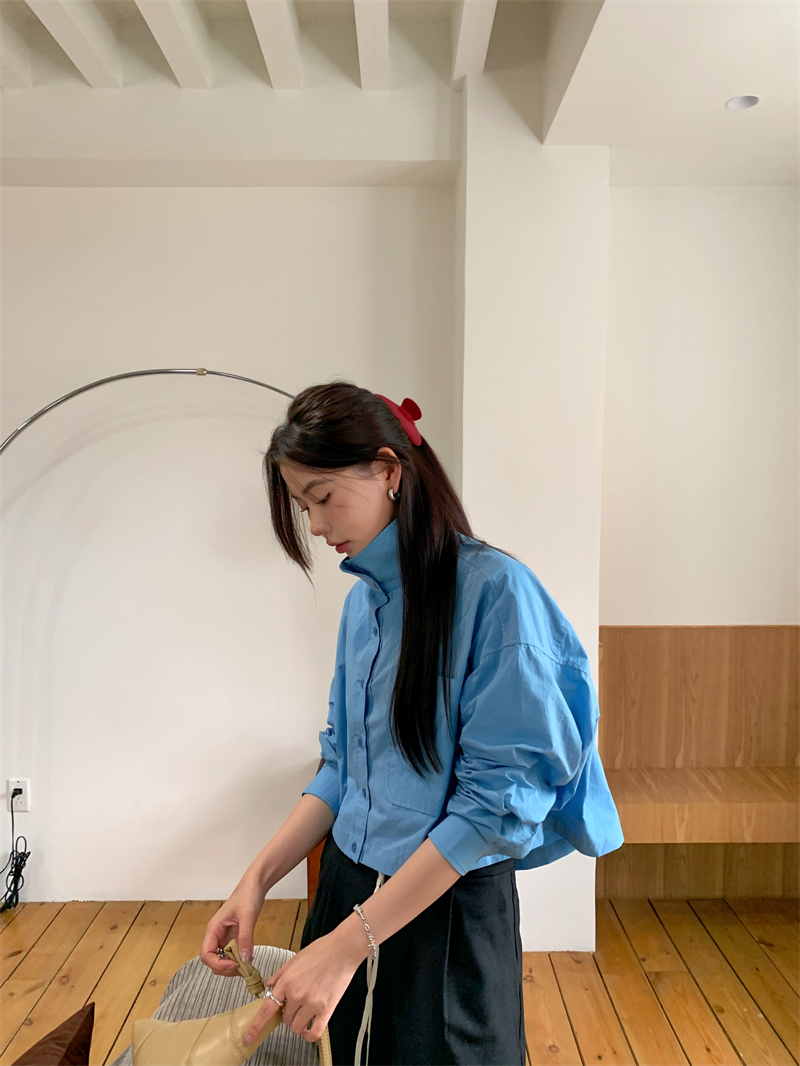 Actual shot of Korean chic ~ Designed stand collar loose cotton shirt