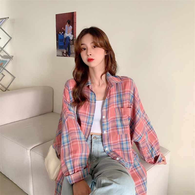 Actual shot of spring design niche retro plaid shirt loose outer wear long-sleeved coat shirt spring and autumn tops for women