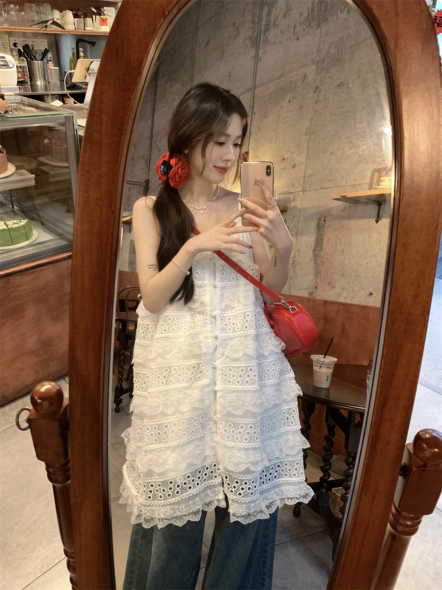 實拍 設計感蕾絲花邊吊帶裙白色連衣裙小眾鏤空裙子