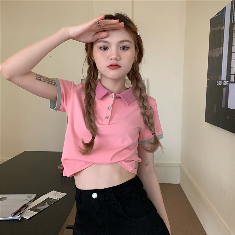 Real shot of age-reducing short contrasting color polo shirt small lapel short-sleeved T-shirt women's top