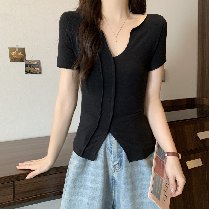 Real shot 40 count pure cotton 2024 summer design niche short-sleeved T-shirt women's elastic top