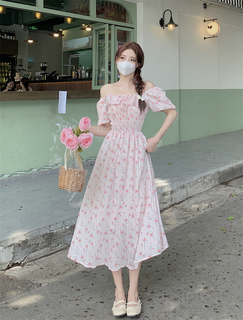 實拍 2024春新款雪紡連衣裙女木耳邊泡泡袖溫柔風中長款甜美裙子