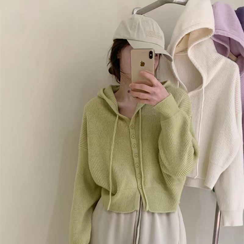 溫柔風寬鬆短款連帽針織衫女秋冬新款小個子顯瘦休閒開衫上衣