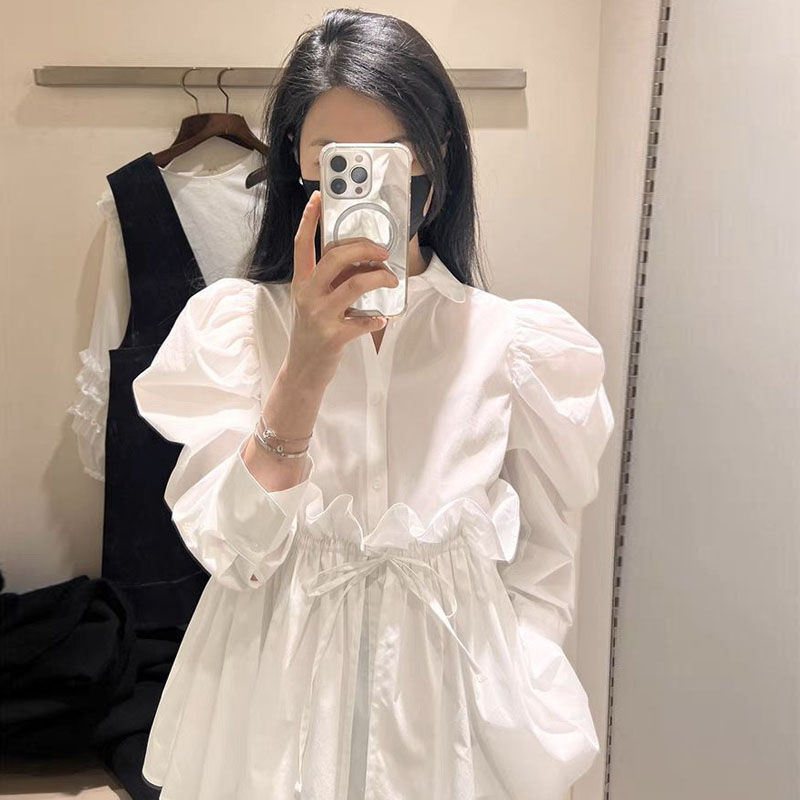 春夏宮廷泡泡袖白女襯衫裙寬鬆高腰收腰法式趙露思同款上衣