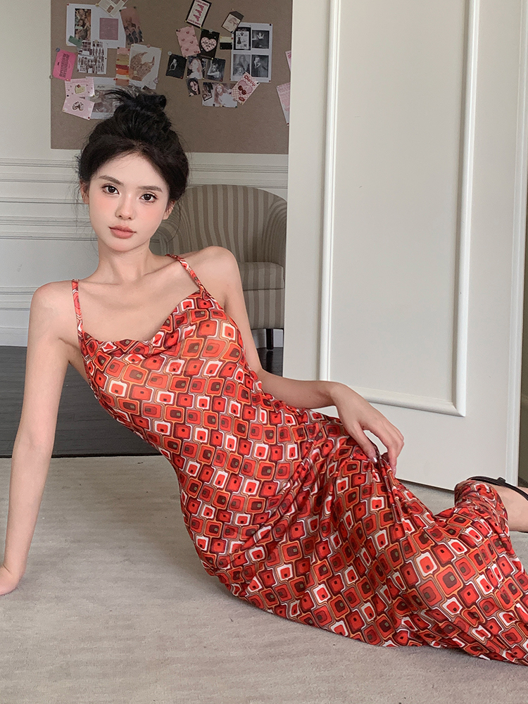 實拍 印花吊帶連衣裙長裙