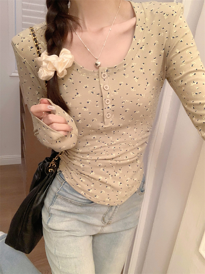 實拍 2024春季新款圓領碎花修身顯瘦百搭長袖套頭針織衫T恤女