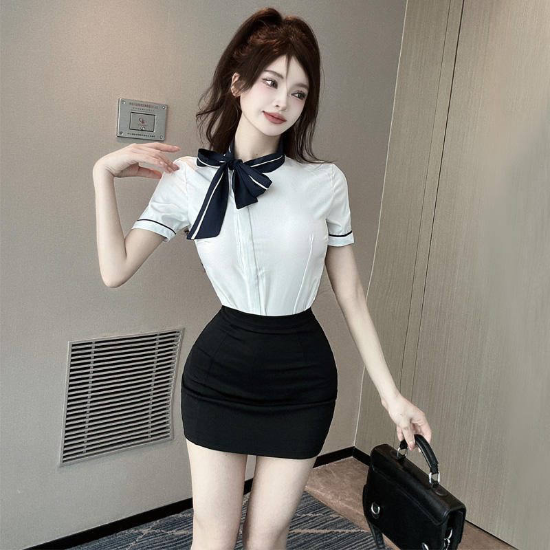 實拍空姐制服套裝裙女夏季氣質修身短袖襯衣+包臀裙工作服兩件套